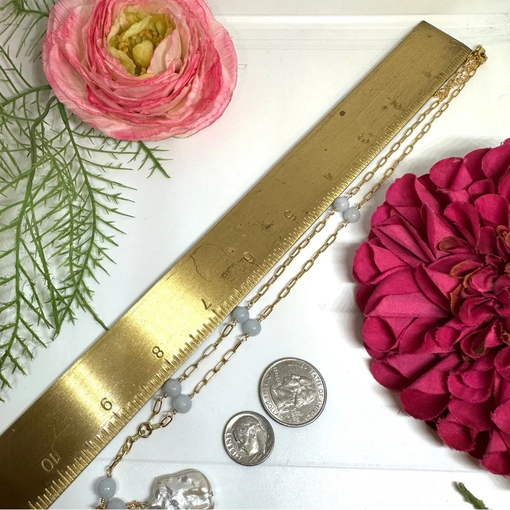 NEW⚜️Raw Aquamarine Baroque Pearl Lariat Necklace - Picture 8 of 8